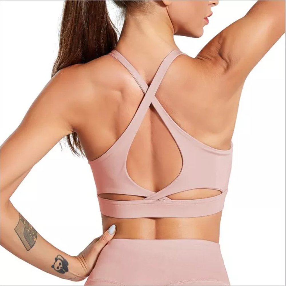 Cali Chic Women Sports Bra Criss-Cross Back Celebrity Padded Strappy Workout Run